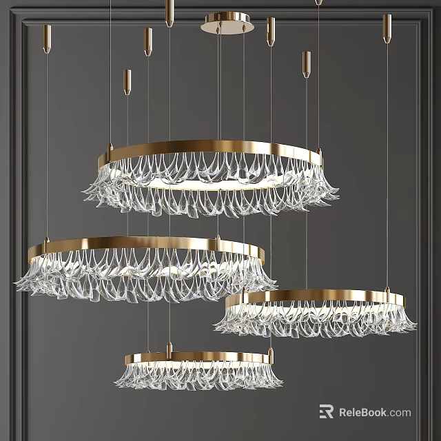 Modern Crystal Chandeliers with Gold Frame and Crystal Fringe Hanging in Interior Design 3d model 