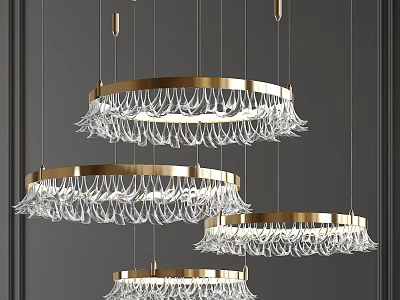 Modern Crystal Chandeliers with Gold Frame and Crystal Fringe Hanging in Interior Design 3d model