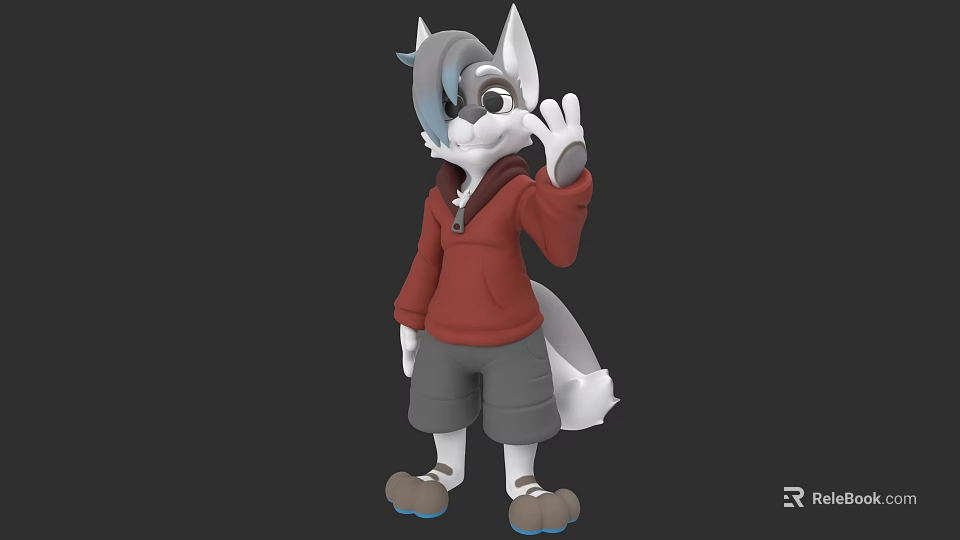 3D Sculpture of Cartoon Animal Character in Red Hoodie and Gray Shorts Waving Pose 3d model 
