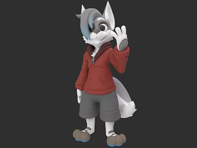 3D Sculpture of Cartoon Animal Character in Red Hoodie and Gray Shorts Waving Pose 3d model