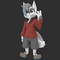 3D Sculpture of Cartoon Animal Character in Red Hoodie and Gray Shorts Waving Pose