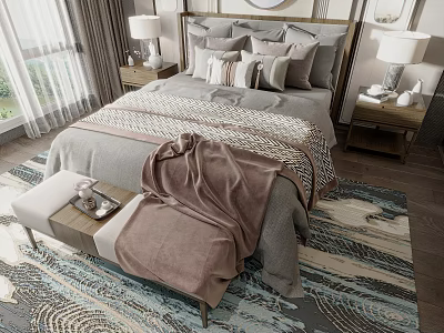 Modern Cozy Double Bed Interior With Plush Pillows Textured Bedspread Bedside Tables And Area Rug 3d model