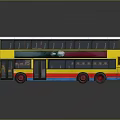 Yellow Double Decker Bus Model with Red Blue Stripes White Roof Red Wheels and Reflection