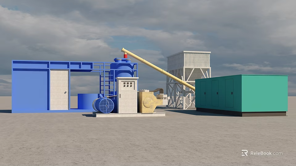 Outdoor Industrial Equipment Setup With Blue Green Machinery Yellow Conveyor And White Tower 3d model 