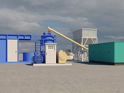 Outdoor Industrial Equipment Setup With Blue Green Machinery Yellow Conveyor And White Tower 3d model