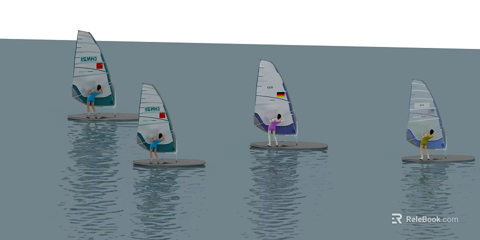 Multiple People Windsurfing On Boards With National Flags On Water Surface 3d model 