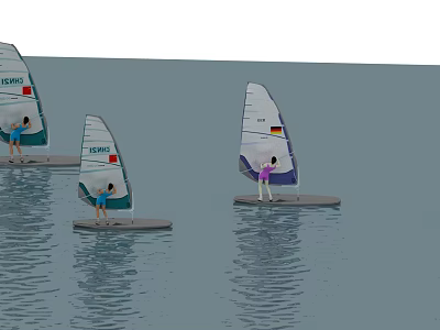 Multiple People Windsurfing On Boards With National Flags On Water Surface 3d model