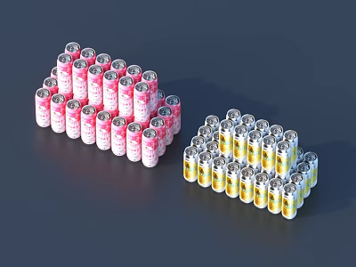 Pink and Yellow Canned Drinks Neatly Stacked in Pyramid Shape 3d model