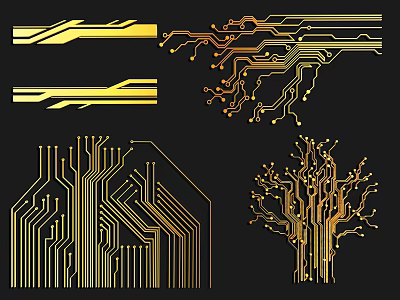 Golden Circuit Inspired Lines With Tree Like Elements On Black Background 3d model