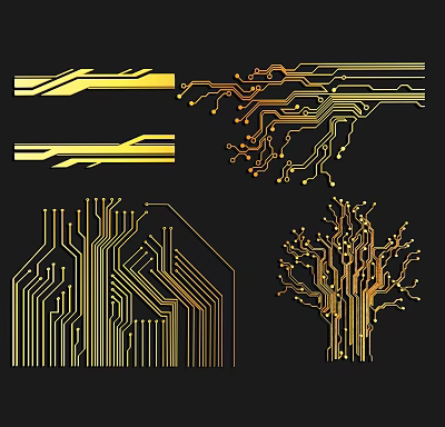 Golden Circuit Inspired Lines With Tree Like Elements On Black Background 3d model