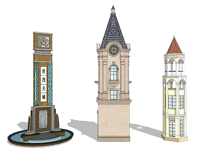 Traditional Chinese and European Style Towers with Clock Red Roof and Windows 3d model