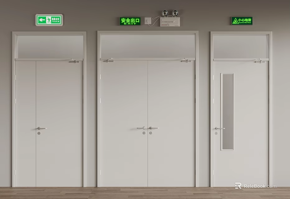 White Emergency Exit Doors With Green Signs In Building Interior Corridor 3d model