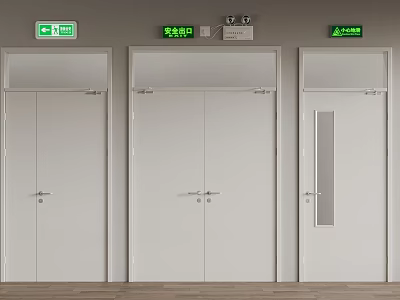 White Emergency Exit Doors With Green Signs In Building Interior Corridor 3d model