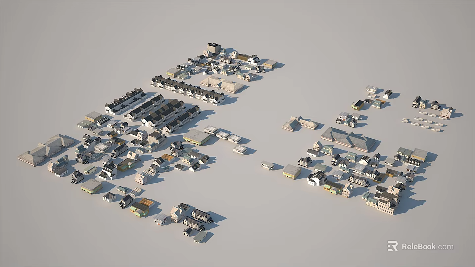 Various Styles Small House Models Scattered on Gray Background Displayed with Different Roof Designs 3d model 