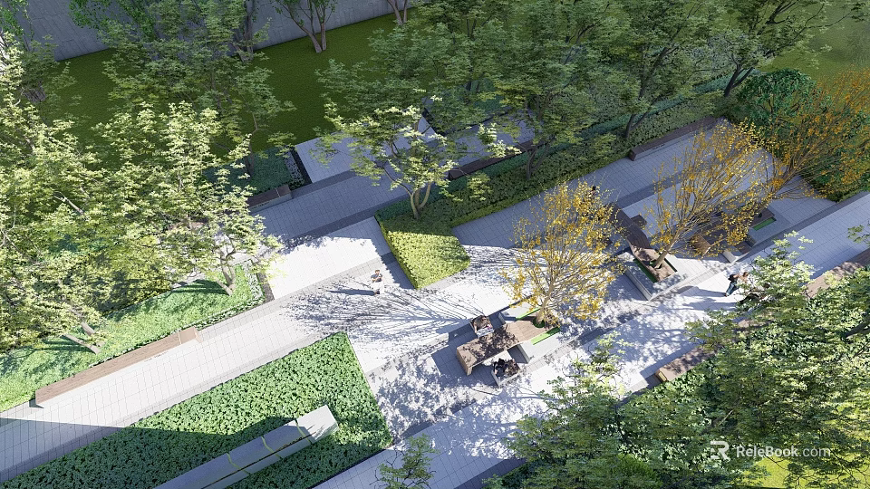 Lush Outdoor Garden Space With Green Trees Lawn Paved Pathways And Seating Areas 3d model 