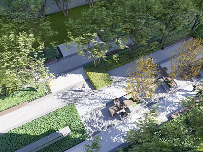 Lush Outdoor Garden Space With Green Trees Lawn Paved Pathways And Seating Areas 3d model