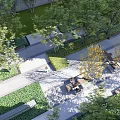 Lush Outdoor Garden Space With Green Trees Lawn Paved Pathways And Seating Areas