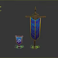 Large And Small Weapon Flags With Blue Fabric Yellow Borders On Wooden Flagpoles