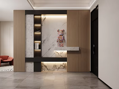 Modern Foyer Hallway With Wooden Cabinets Marble Backdrop And Art Figurine 3d model
