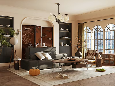 Modern Living Room With Black Sofa Wooden Coffee Table Chandelier Arched Windows Bookshelves And Plants 3d model