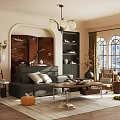 Modern Living Room With Black Sofa Wooden Coffee Table Chandelier Arched Windows Bookshelves And Plants