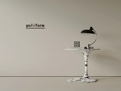 Poli Form Modern Marble Side Table With Black Table Lamp And Stacked Items 3d model