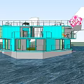 Floating Blue Container Homestay Building Featuring Green Roof Cylindrical Structure And Waterfront Staircase