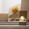 Modern Interior With Staircase Golden Tree Moon Decoration Stones And Green Plants