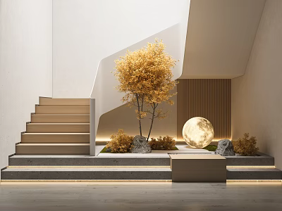 Modern Interior With Staircase Golden Tree Moon Decoration Stones And Green Plants 3d model