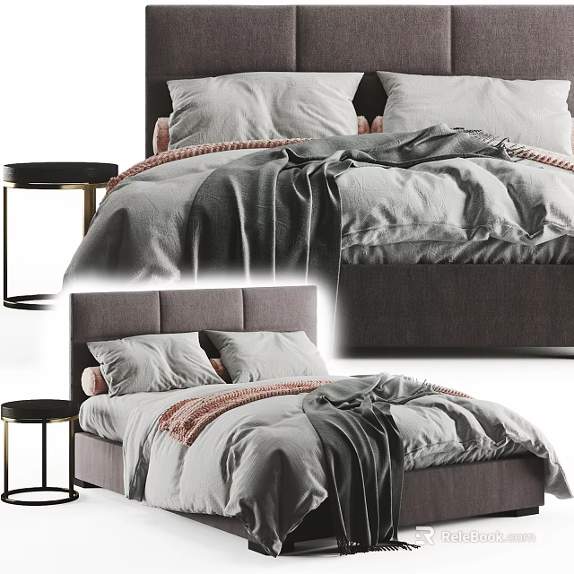Modern Double Bed Interior With Gray Headboard Linen Bedding Pillows And Round Bedside Table 3d model