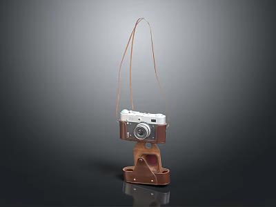 Retro Digital Camera With Brown Leather Protective Case And Adjustable Shoulder Strap 3d model