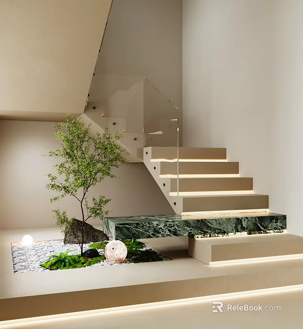 Modern Staircase With Glass Railing And Step Lighting Near Green Plant And Stones 3d model 