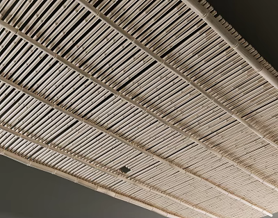 Natural Wooden Striped Ceiling Design With Neat Grid Arrangement And Textured Panels 3d model