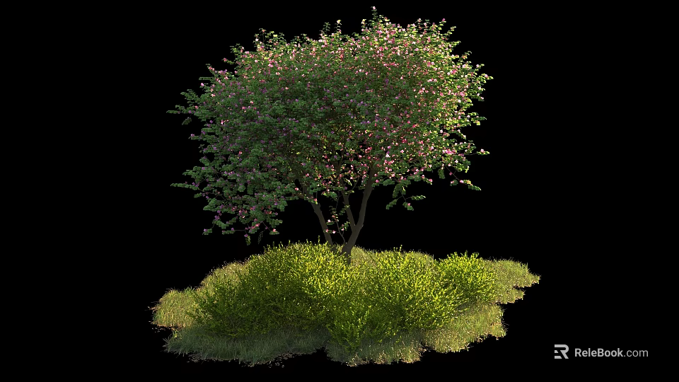 Lush Shrub With Green Leaves And Pink Flowers Surrounded By Green Grass 3d model 