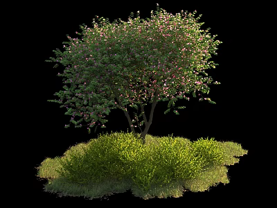 Lush Shrub With Green Leaves And Pink Flowers Surrounded By Green Grass 3d model