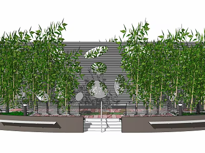 Contemporary Garden Wall With Grid Pattern Circular Cutouts Bamboo Plants Steps And Benches 3d model