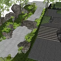 Outdoor Stone Stairs in Lush Green Garden With Natural Rocks and Pathway