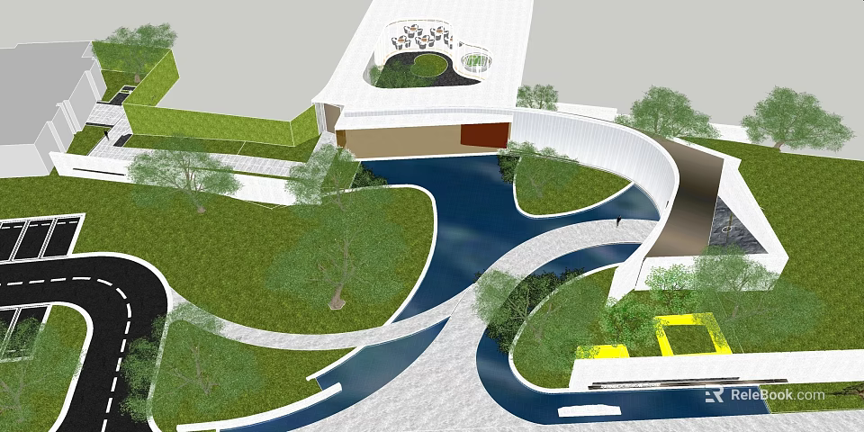 Modern Garden Landscape Design With Winding Paths Water Features And Green Lawns 3d model 
