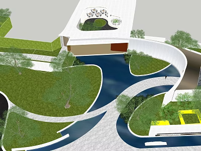 Modern Garden Landscape Design With Winding Paths Water Features And Green Lawns 3d model