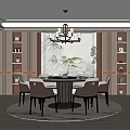 Elegant Modern Chinese Restaurant With Round Dining Table Chandelier Landscape Art And Wine Cabinets