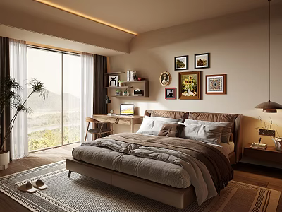 Cozy Modern Bedroom with Abundant Natural Light King Bed Framed Artworks Area Rug Scenic View 3d model