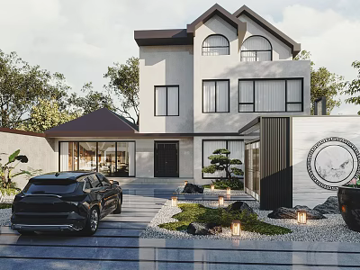 Modern Detached Villa Exterior With Large Windows Landscaped Garden And Driveway 3d model