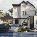 Modern Detached Villa Exterior With Large Windows Landscaped Garden And Driveway