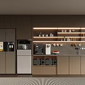 Modern Kitchen Interior With Dark Wood Cabinets LED Lighting Shelves And Appliances