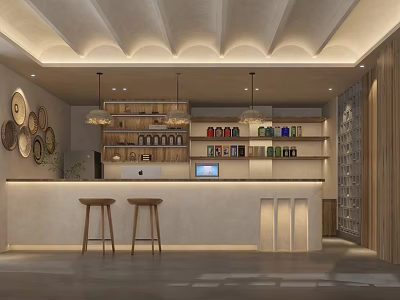 Modern Store Front Desk With Wooden Shelves Bar Stools Colorful Bottles And Round Wall Decor 3d model