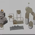 Modern Decorative Ornament Set With Stone Fountain Metal Candle Holders And Flower Vases