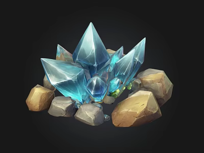 Glowing Blue Crystal Cluster Surrounded by Natural Stones and Rocks 3d model