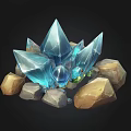 Glowing Blue Crystal Cluster Surrounded by Natural Stones and Rocks