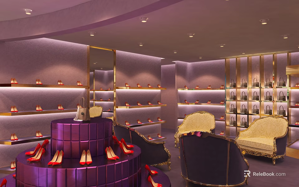 Elegant Shoe Boutique with Purple Gold Decor Racks Central Display High Heels Handbags Sofa Seats 3d model 