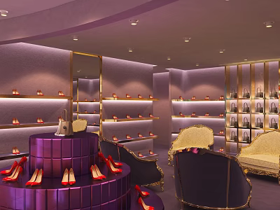 Elegant Shoe Boutique with Purple Gold Decor Racks Central Display High Heels Handbags Sofa Seats 3d model